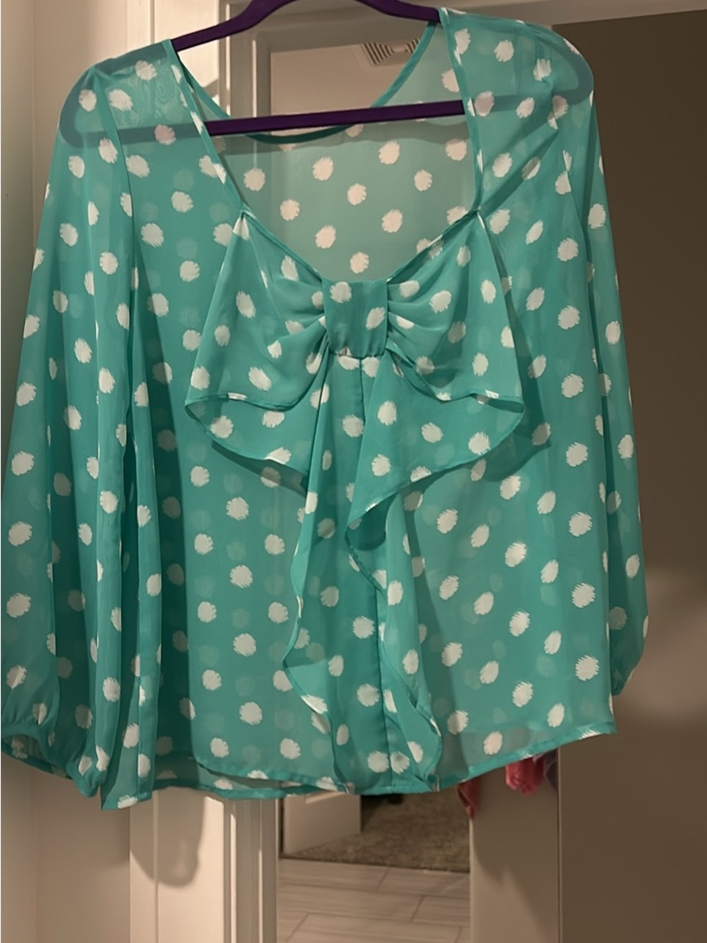 Mint Polka Dot Bow Front Blouse